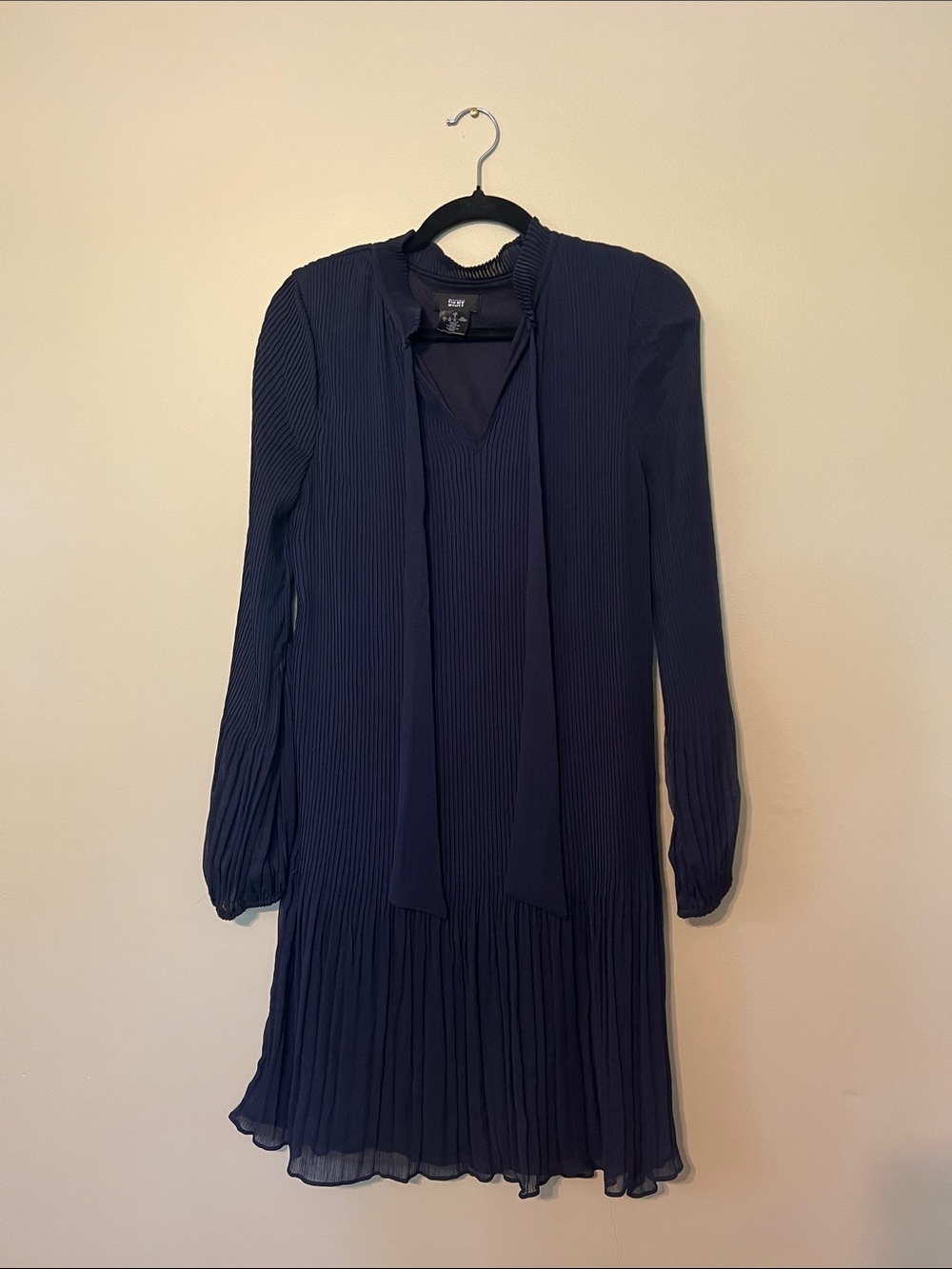 DKNY Navy Pleated Long-Sleeve Tie Detail Dress